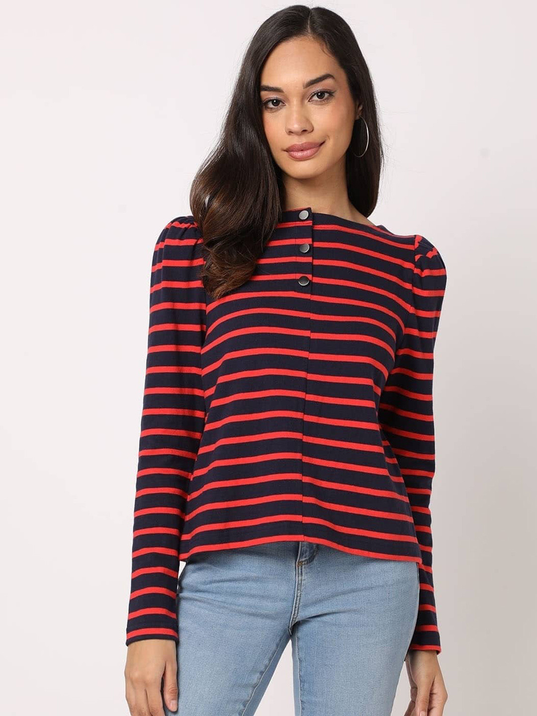 GAP Horizontal Striped Puff Sleeves Pure Cotton Top