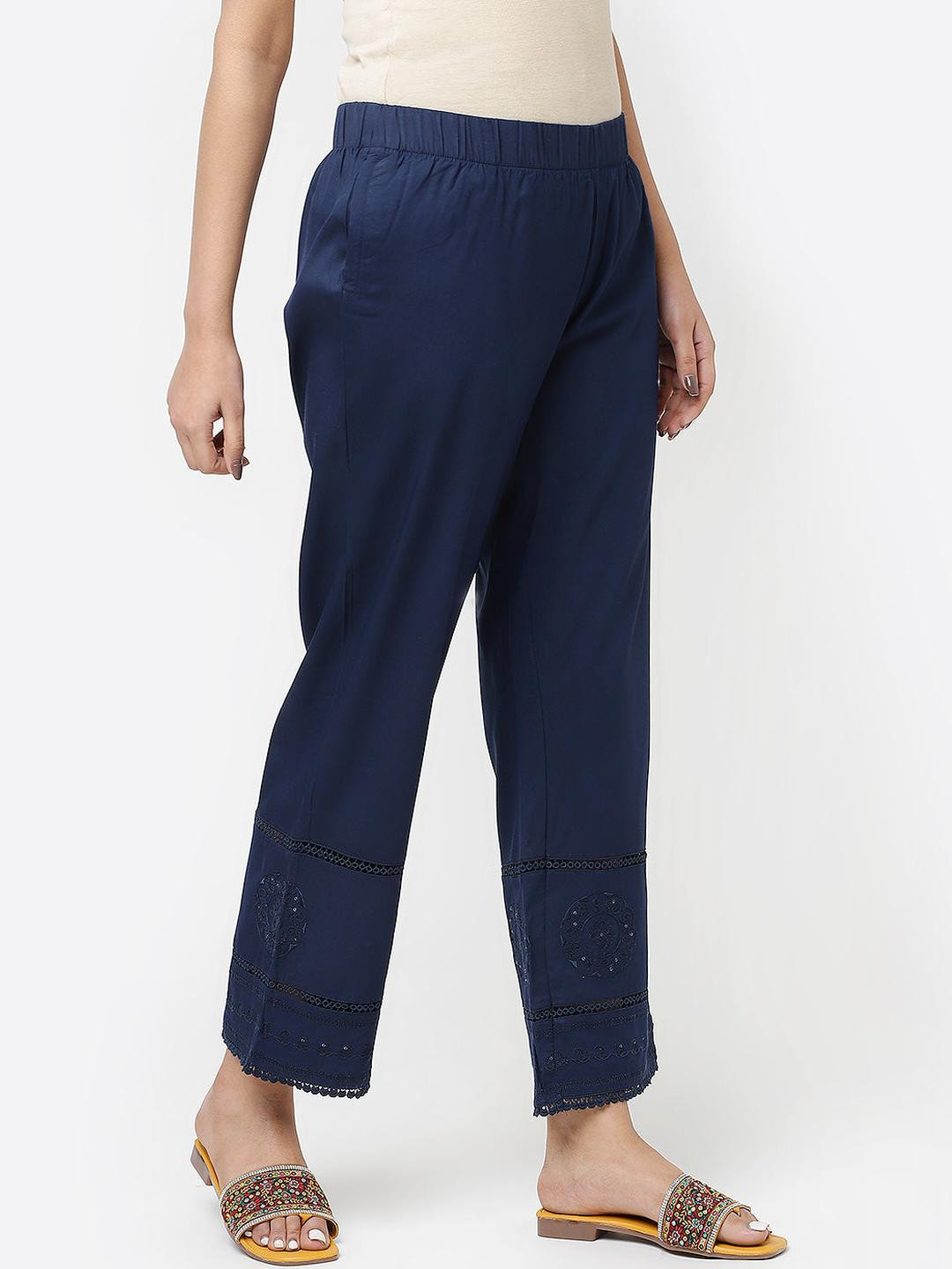 Lakshita Women Navy Blue Embroidered Relaxed Fit Palazzo Pants for Women