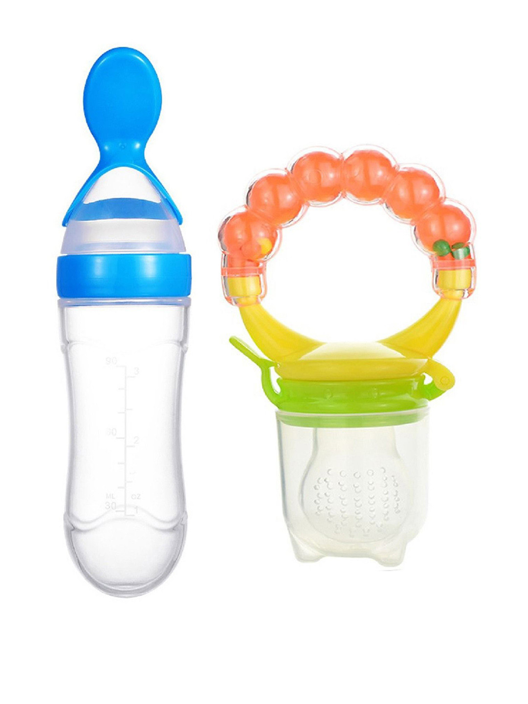 Joy Buzz Kids Set Of 2 Baby Squeezy Bottle & Rattle Fruit Nibbler Food Feeder - Yellow
