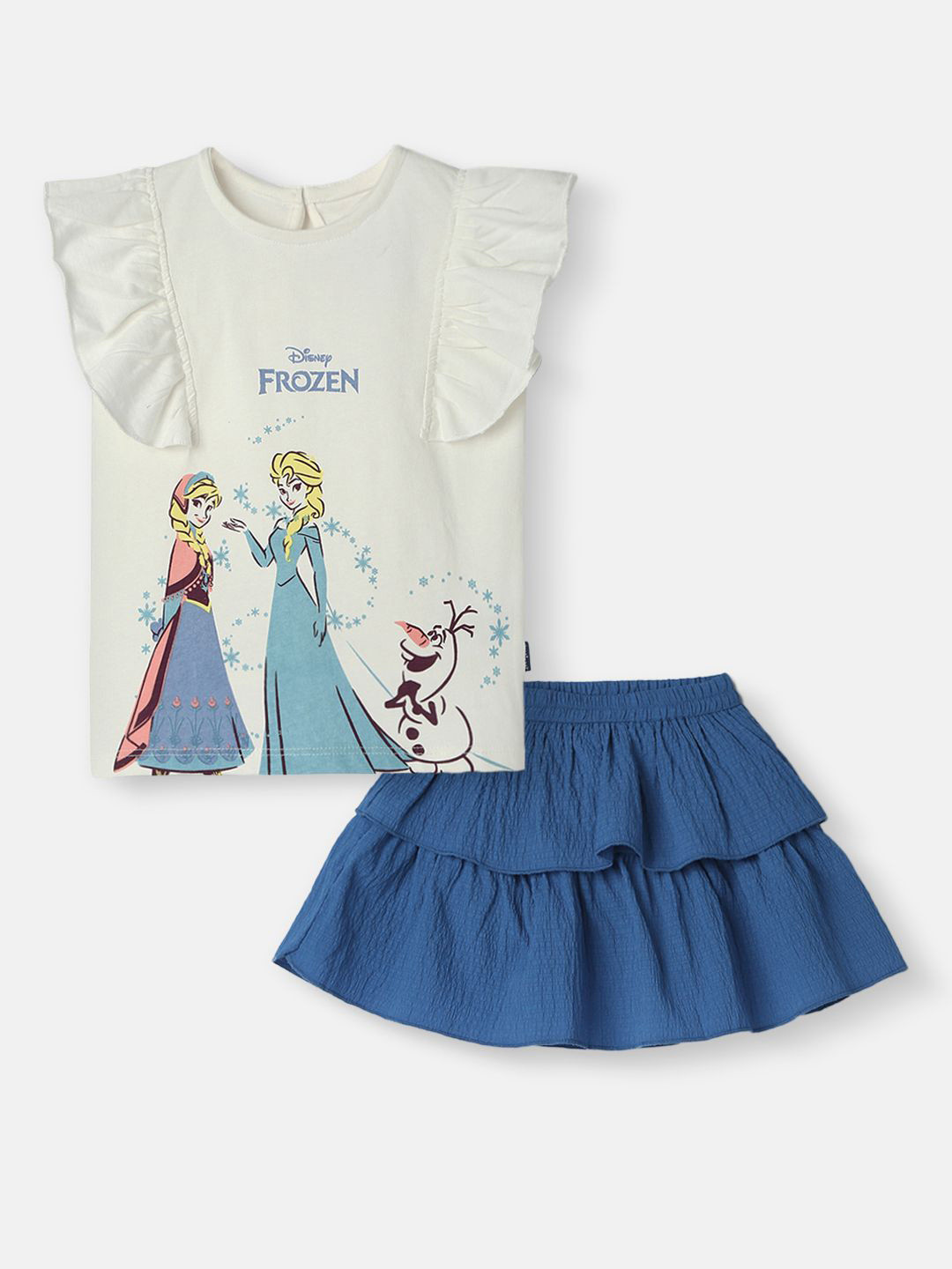 Nauti Nati Girls Frozen Disney Princess Printed Short Sleeves Pure Cotton Top With Skirt