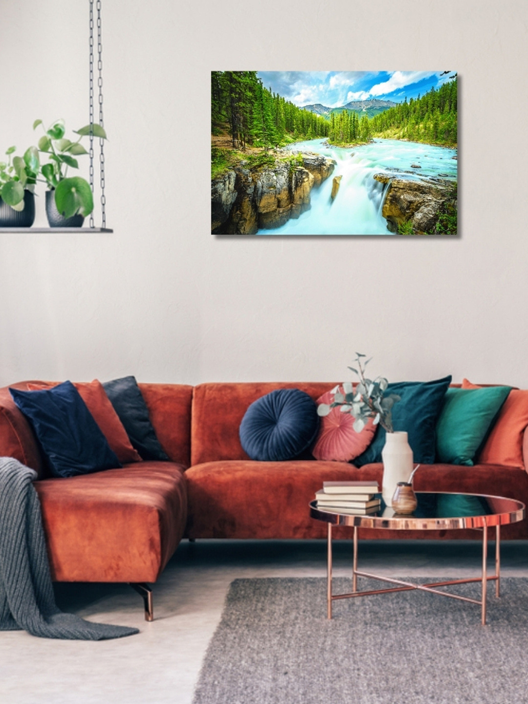 Viventiq Green & Brown Waterfall Painting For Home Without Frame Wall Art