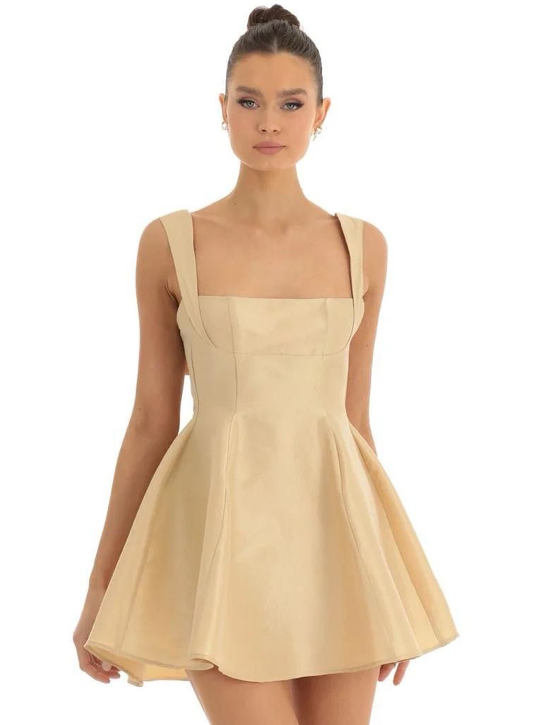 To Queens Women Square Neck Satin Fit & Flare Mini Dress