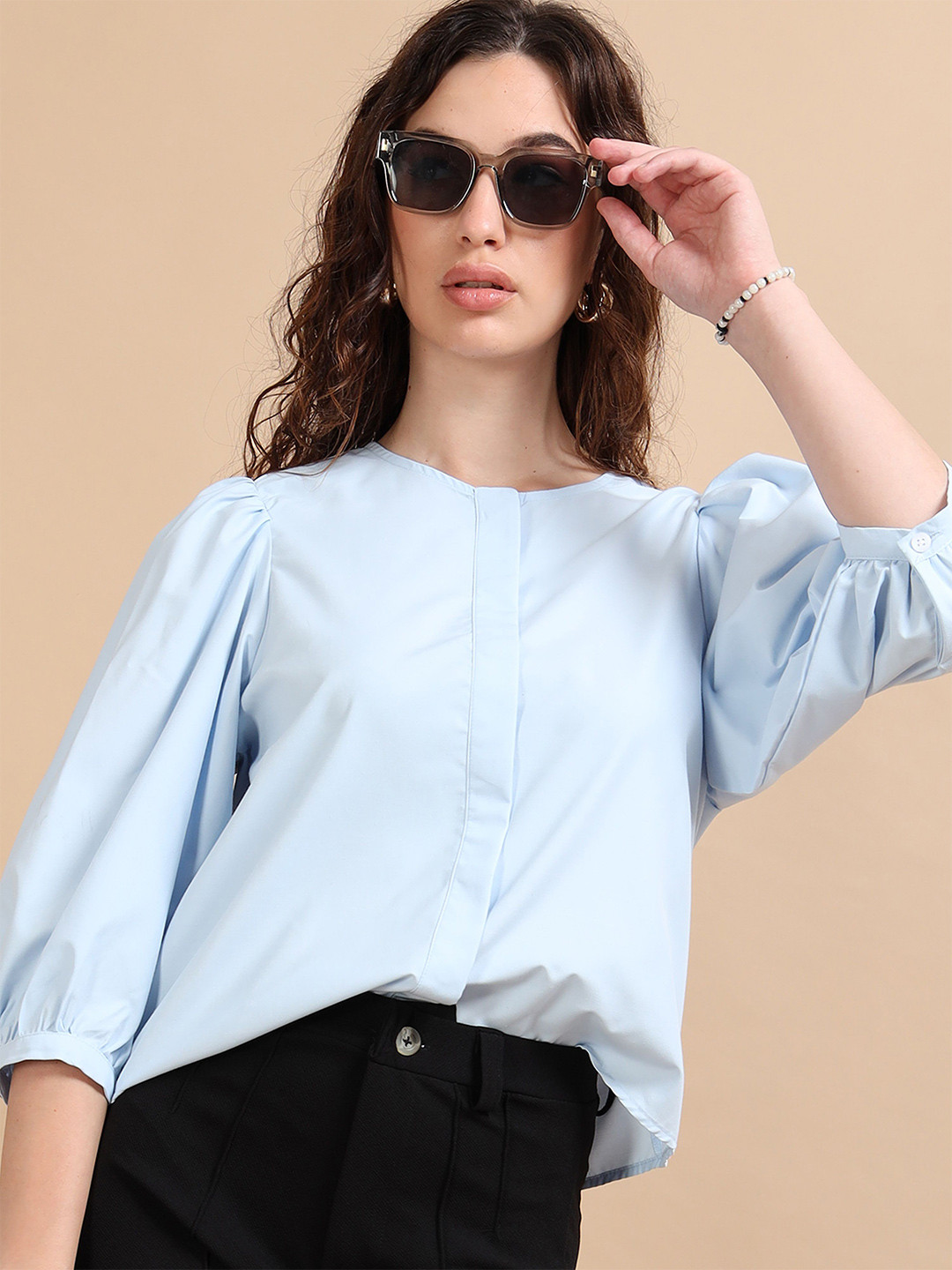 GLAM & CHIQUE Women's Regular Fit Balloon Sleeves Solid Shirt