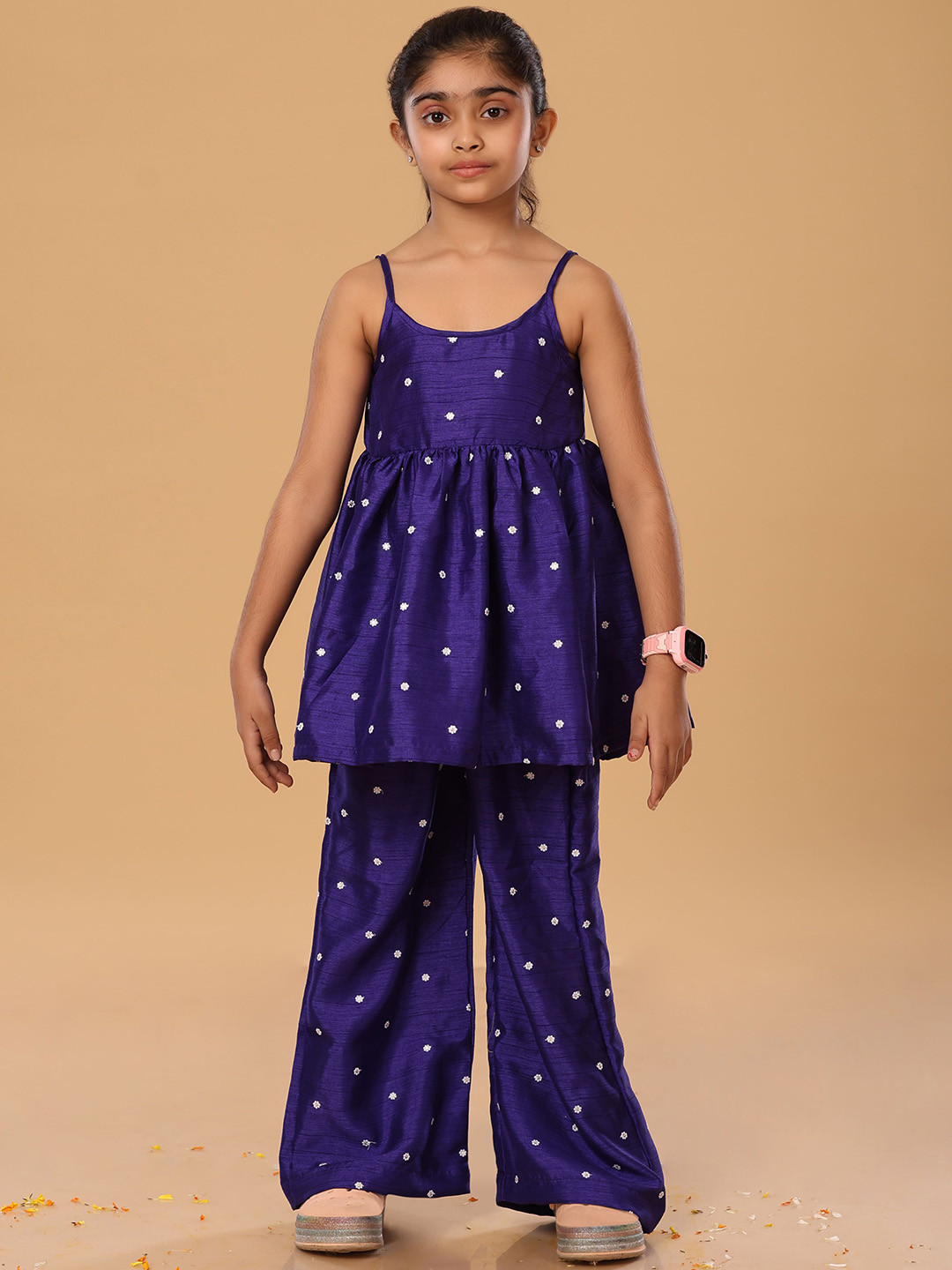 The Mini Trunk Girls Floral Embroidered Shoulder Straps Thread Work Kurta With palazzo