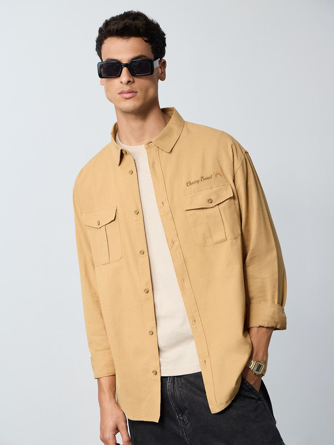 The Souled Store Typography Embroidered Pocket Detailing Cotton Linen Casual Shirt