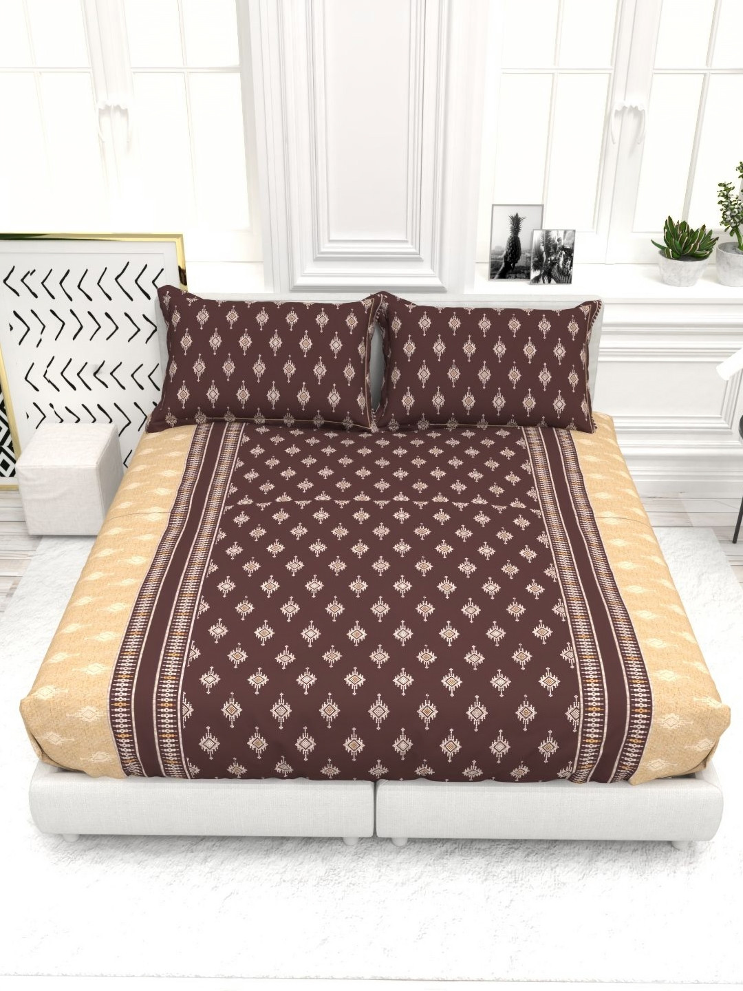 THE WHITE MOSS Maroon And Beige Printed Cotton 250 TC King Bedsheet Set-2.75 m x 2.75 m