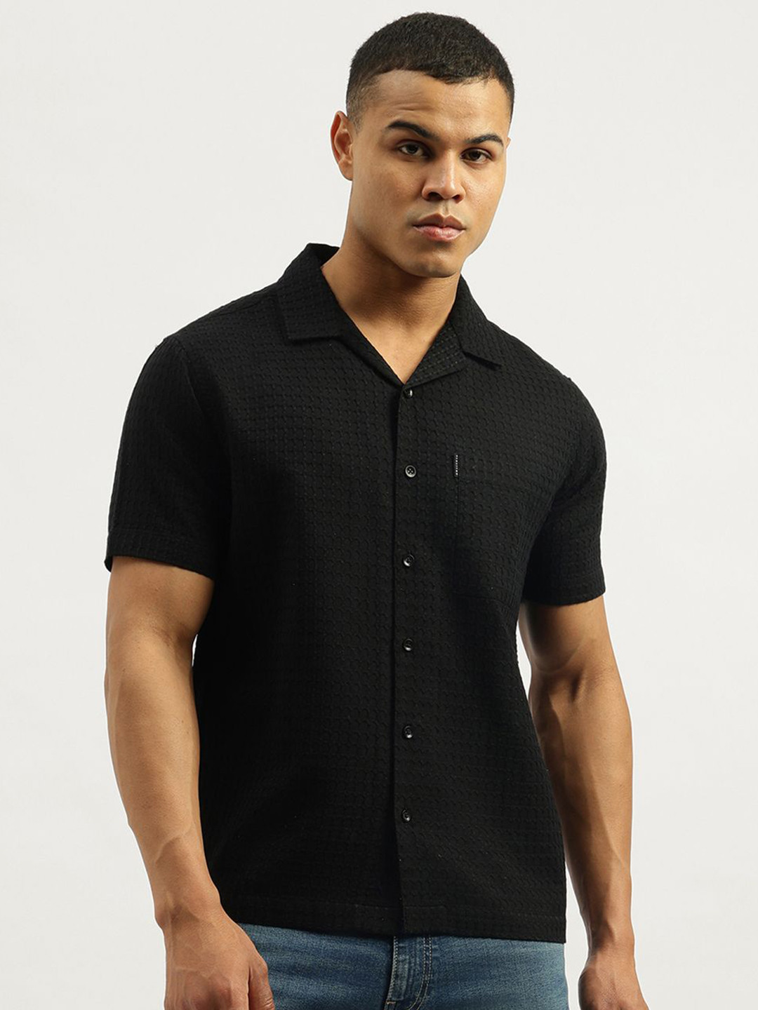 United Colors of Benetton Men Relaxed Fit Textured Cuban Collar Cotton Casual Shirt