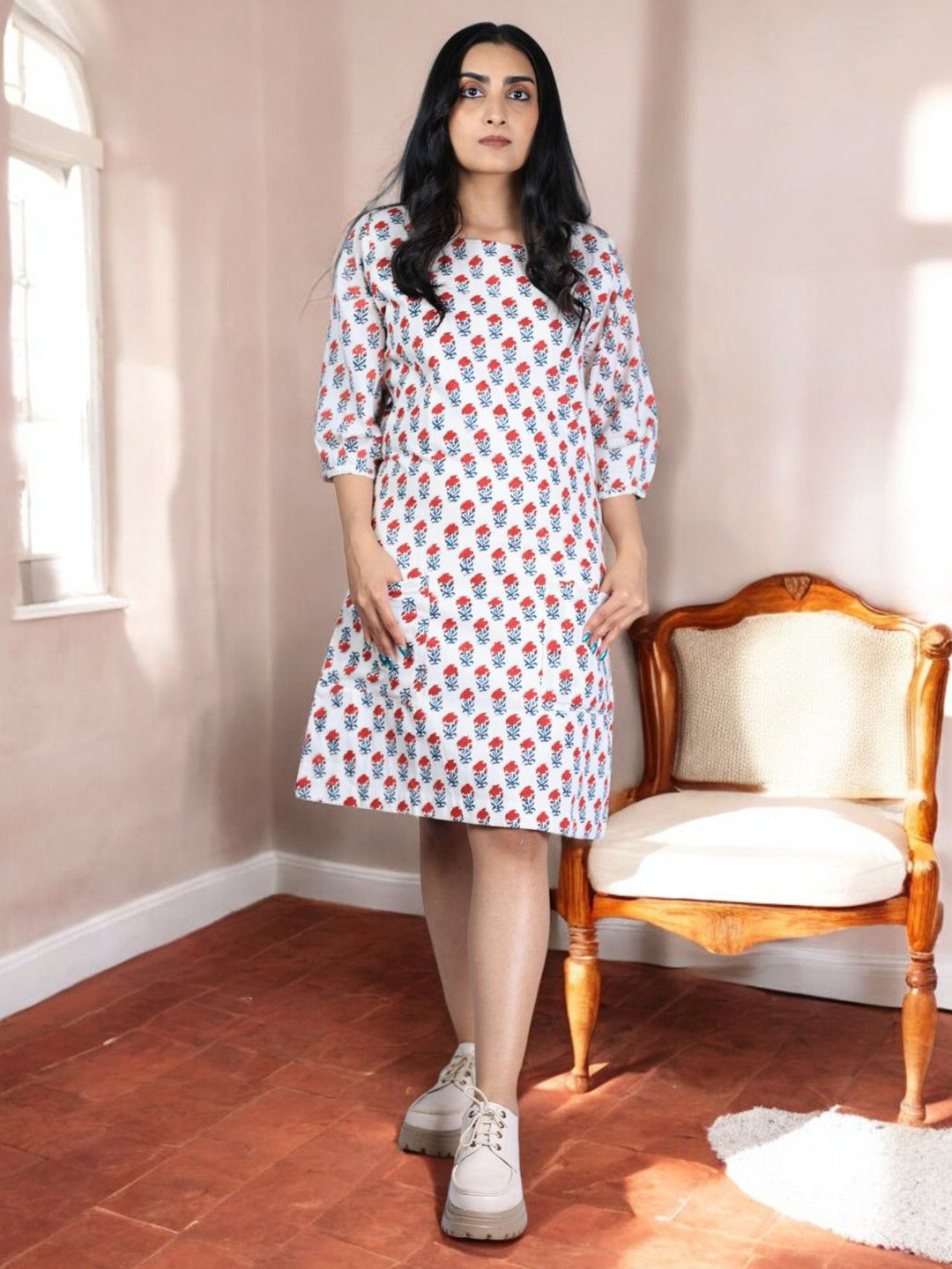 PRETANSHAH Women Floral Hand Block Printed Cotton Shift Dress