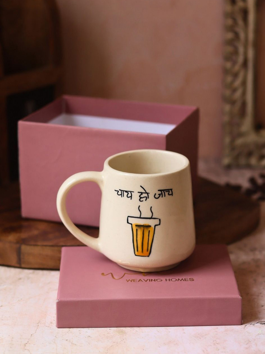 WEAVING HOMES White & Black Chai Ho Jaye Printed Ceramic Glossy Mug With Gift Box-250 ml