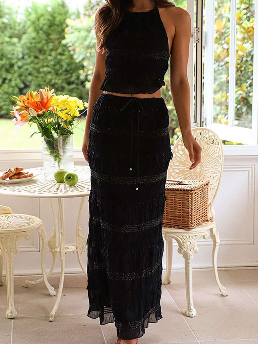 LULU & SKY Textured Drawstring-waist Maxi Skirt
