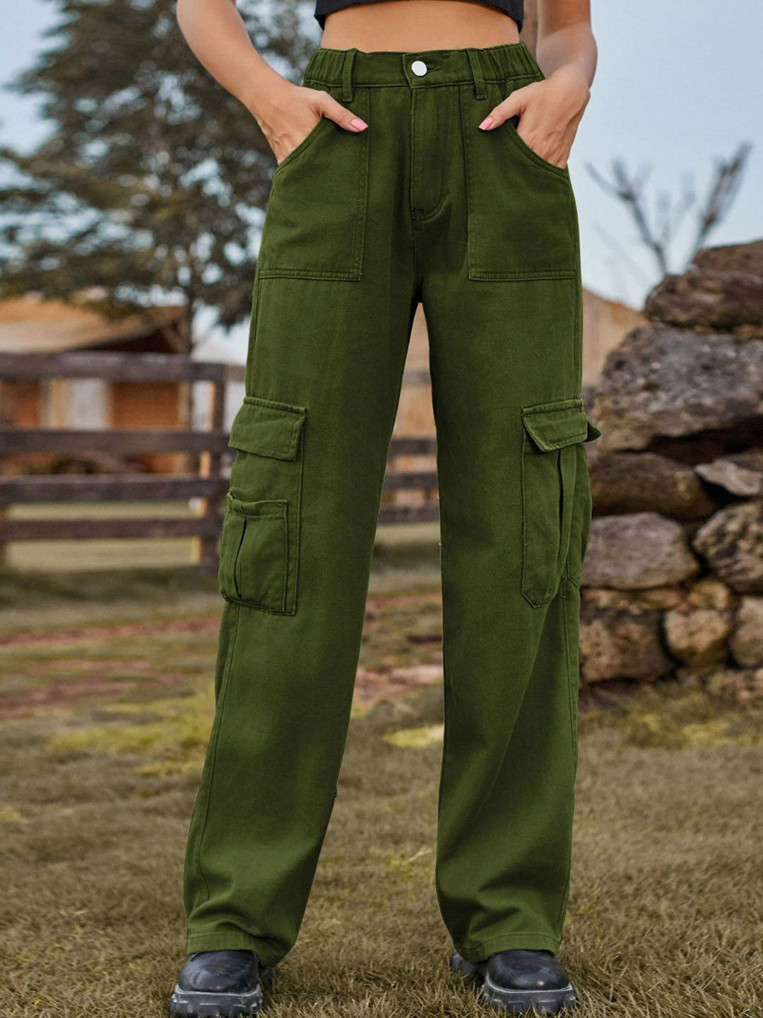 Oh Rare Women High-Rise Regular Fit Denim Cargo Pants