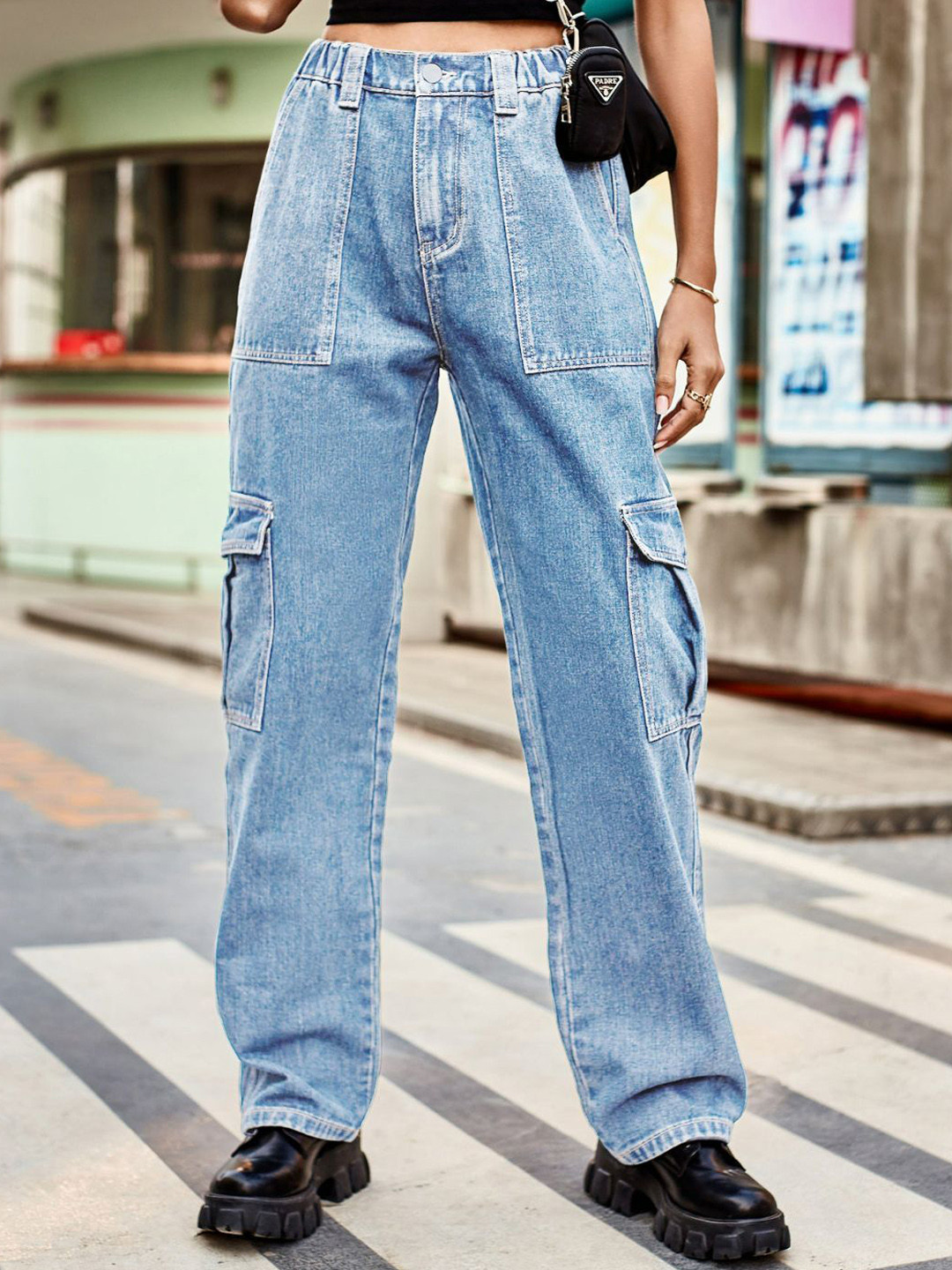 Oh Rare Women Faded High Rise Denim Cargo Pants