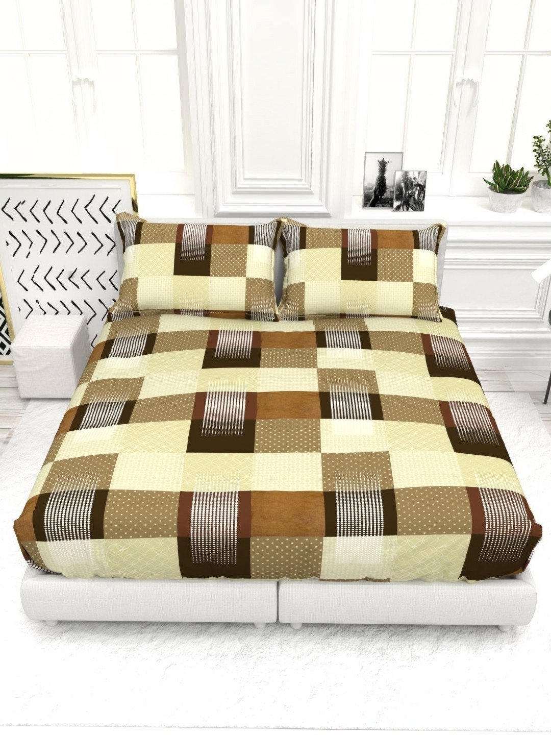 THE WHITE MOSS Brown And Yellow Printed Cotton 250 TC King Bedsheet Set-2.75 m x 2.75 m