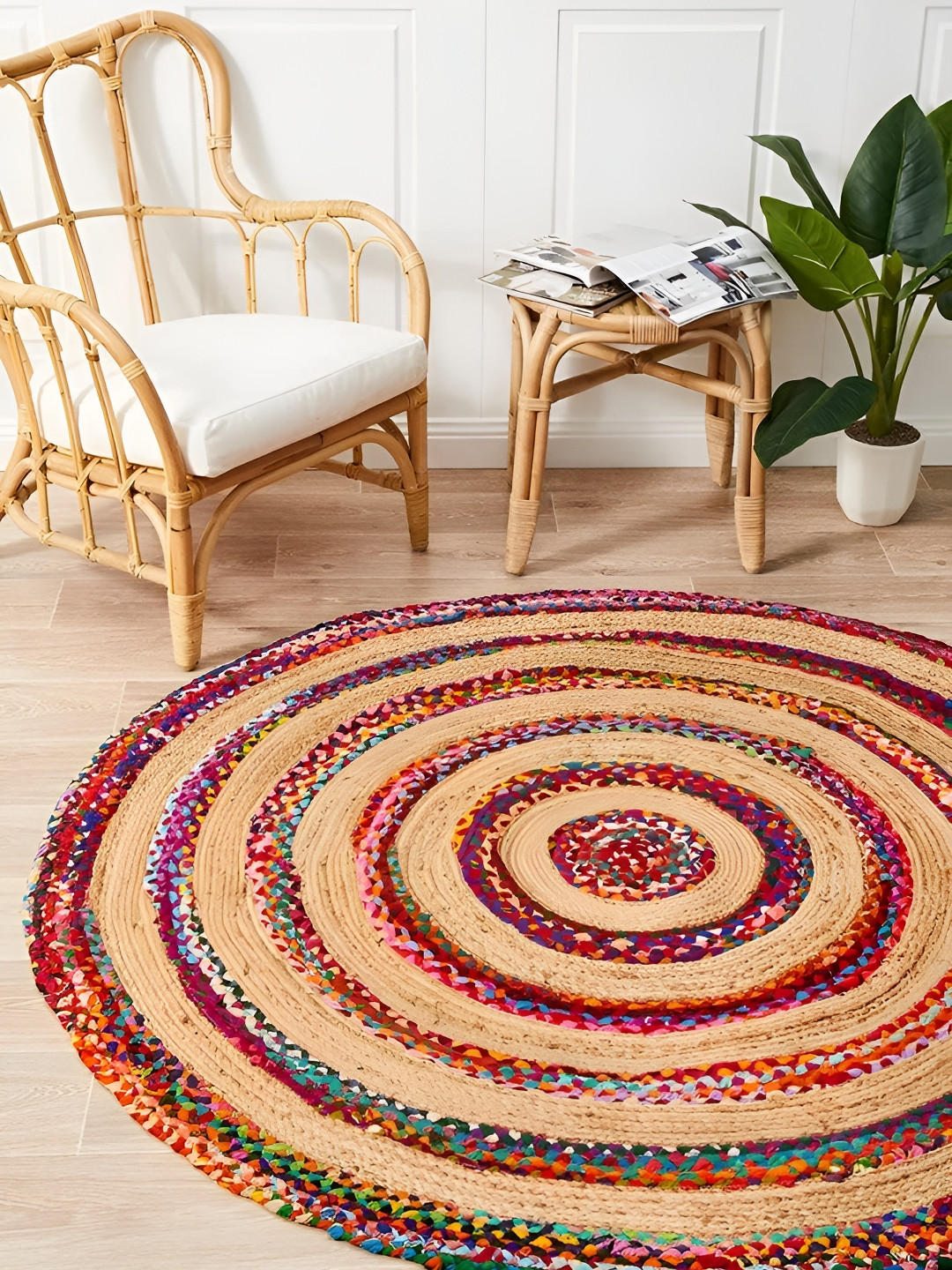 JASMEY HOMES Beige & Red Boho Styled Jute Braided Carpet