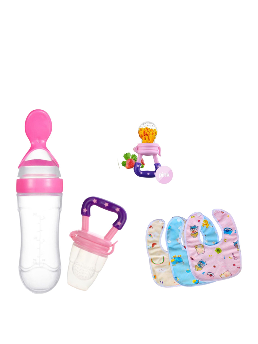 Kritiu Kids New Born Feeding Starter Kit With 3 Cotton Waterproof Bibs - Pink