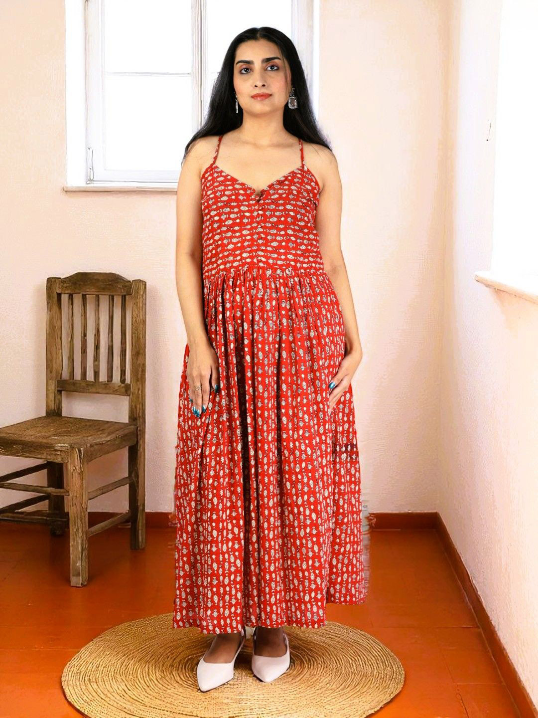 PRETANSHAH Animal Printed Shoulder Straps Cotton Fit & Flare Maxi Dress