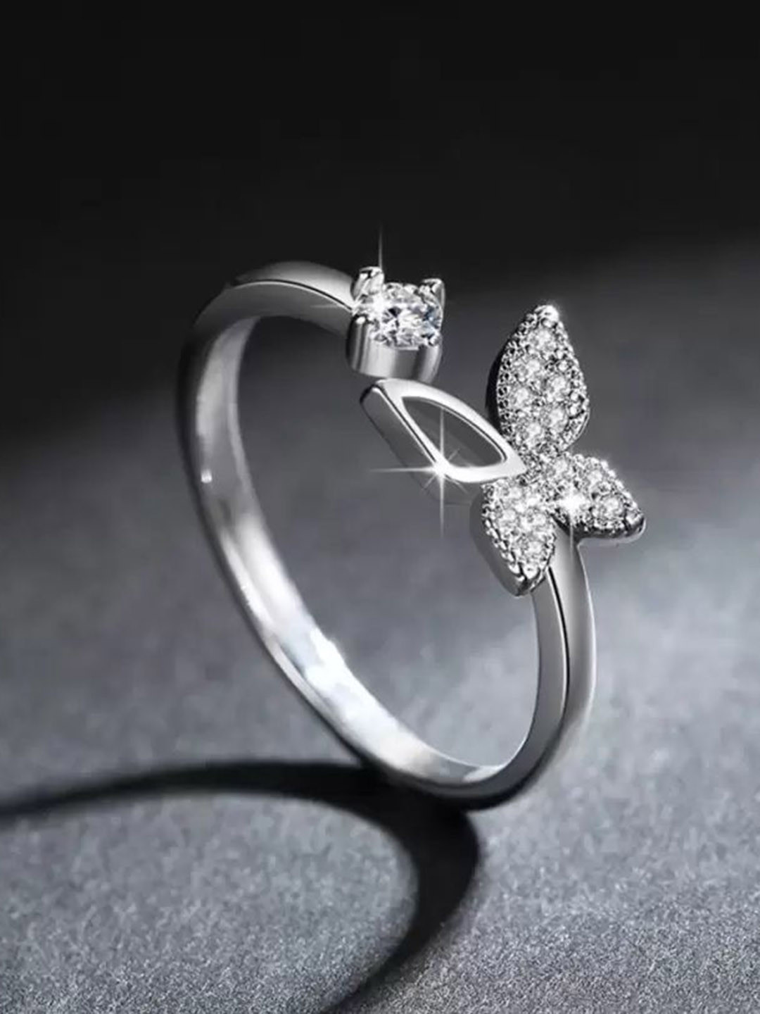 VS Unique Collection Stainless Steel Silver-Plated AD Studded Butterfly Shaped Finger Ring