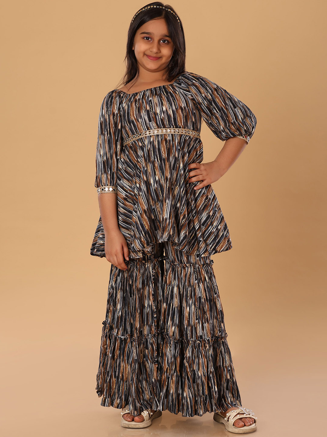 The Mini Trunk Brown Printed Boat Neck Sharara Set