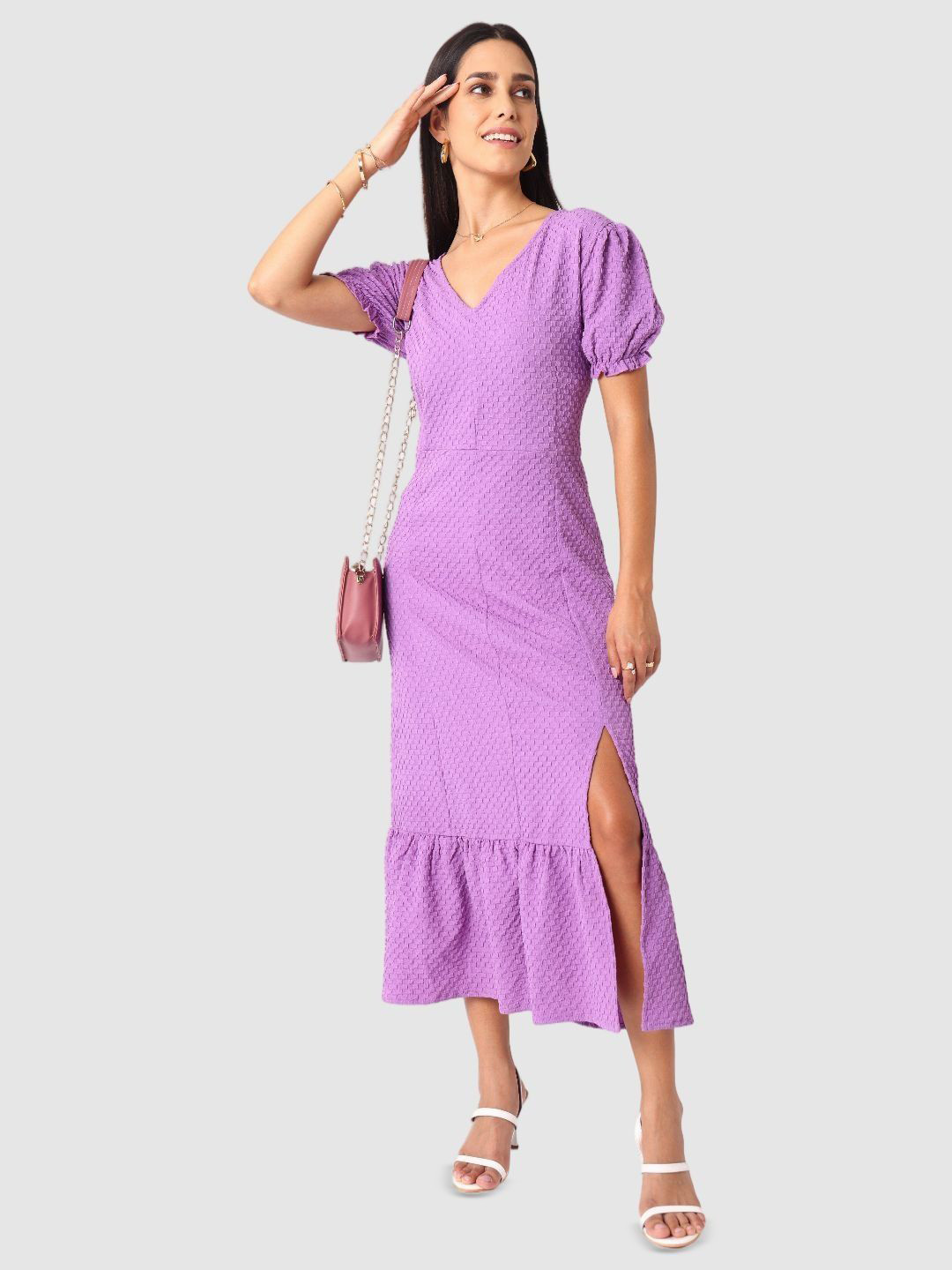 Freehand by The Indian Women Self Design V-Neck Short Sleeves Maxi Dress