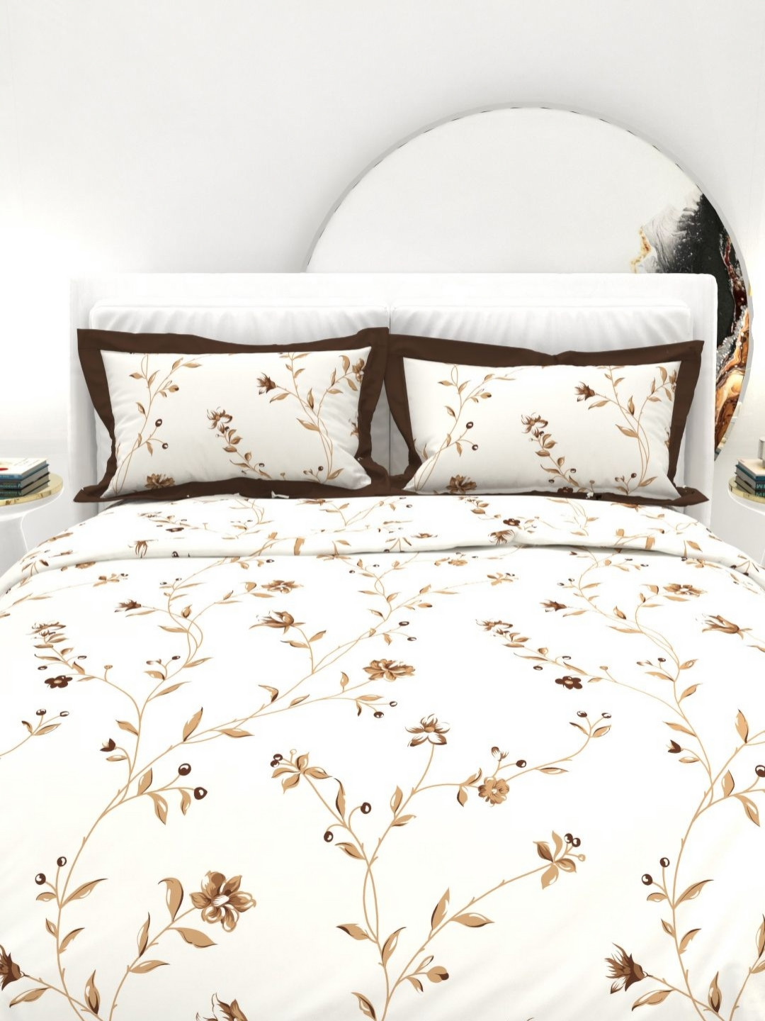 THE WHITE MOSS White & Brown Floral 300 TC King Bedsheet Set-2.75 m x 2.75 m