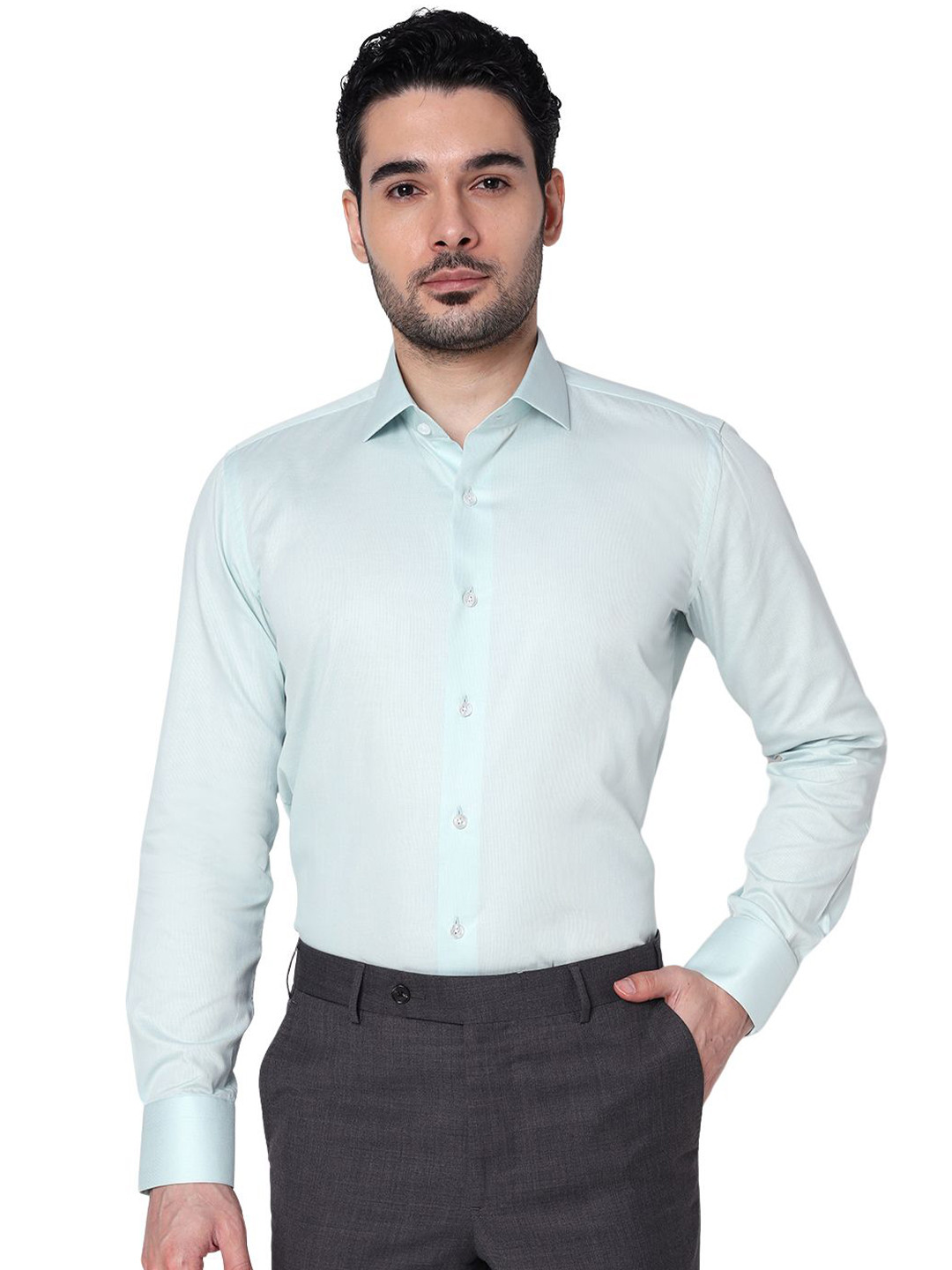 COGNOSCENTE Men Tailored Fit Textured Spread Collar Cotton Formal Shirt