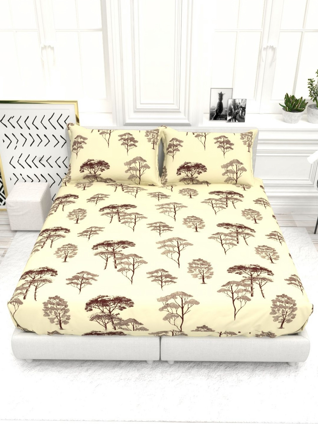 THE WHITE MOSS Brown And Yellow Printed Cotton 250 TC King Bedsheet Set-2.75 m x 2.75 m