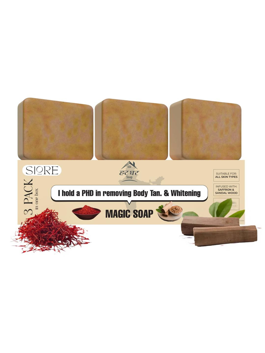 SIORE Sandalwood & Saffron Magic Soaps Handmade,Paraben Free  (3 x 100 g)