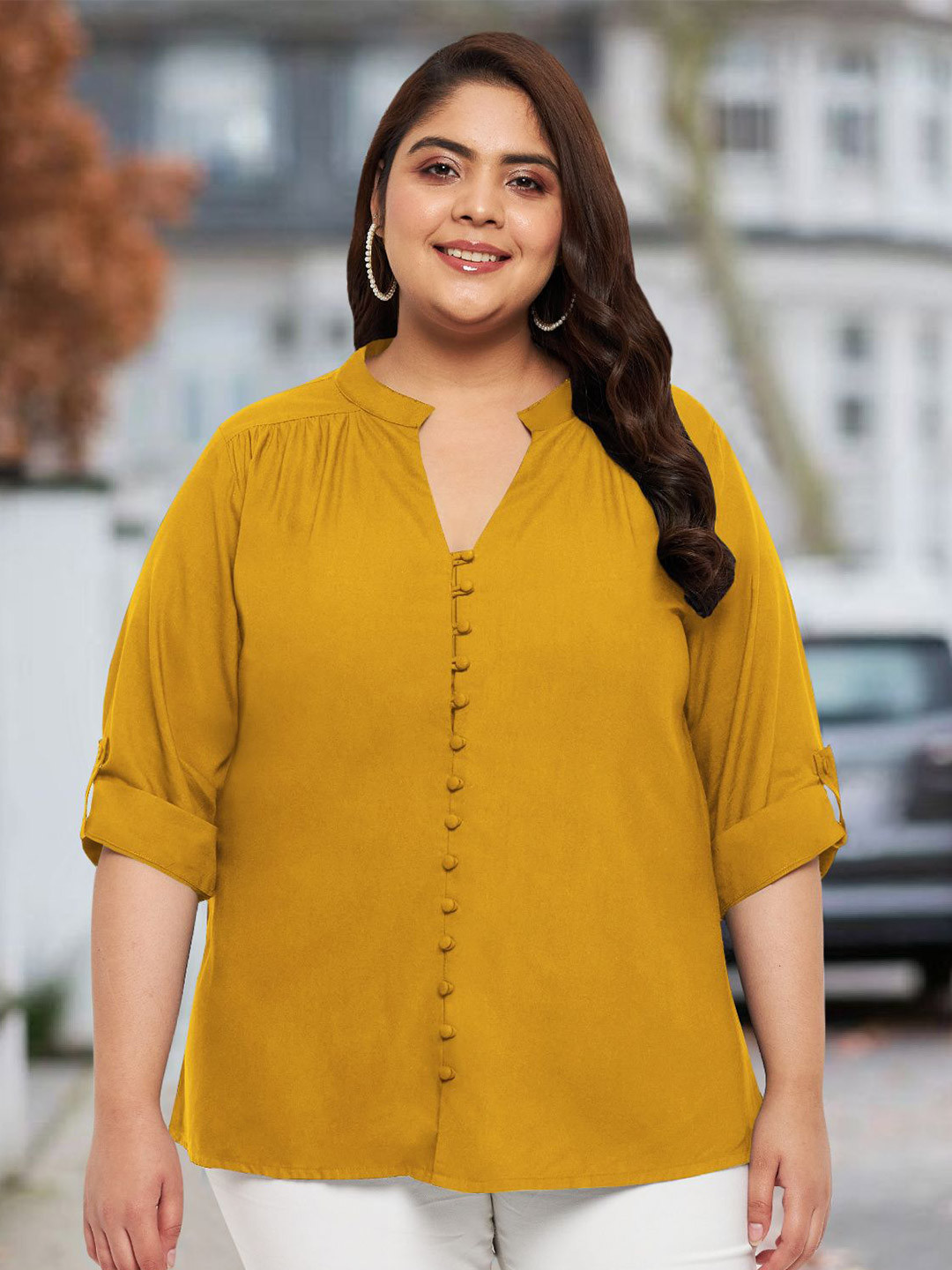wild U Roll-Up Sleeve Shirt Style Plus Size Top