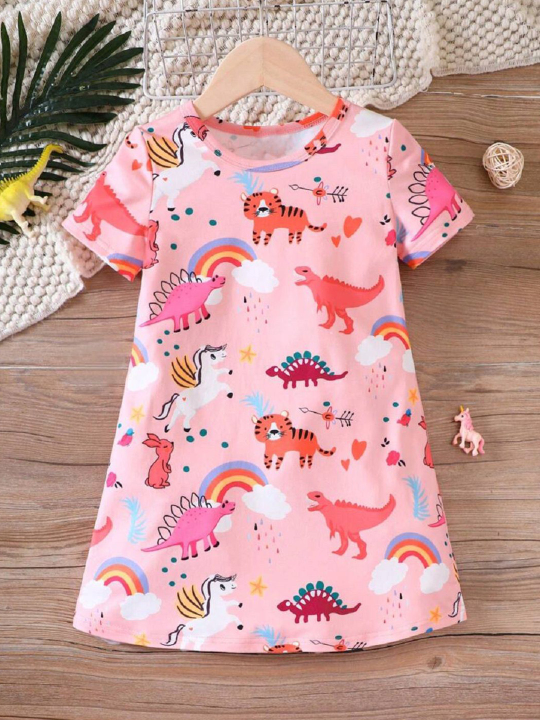 Miss & Chief Girls Animal Graphic Print Round Neck A-Line Dress