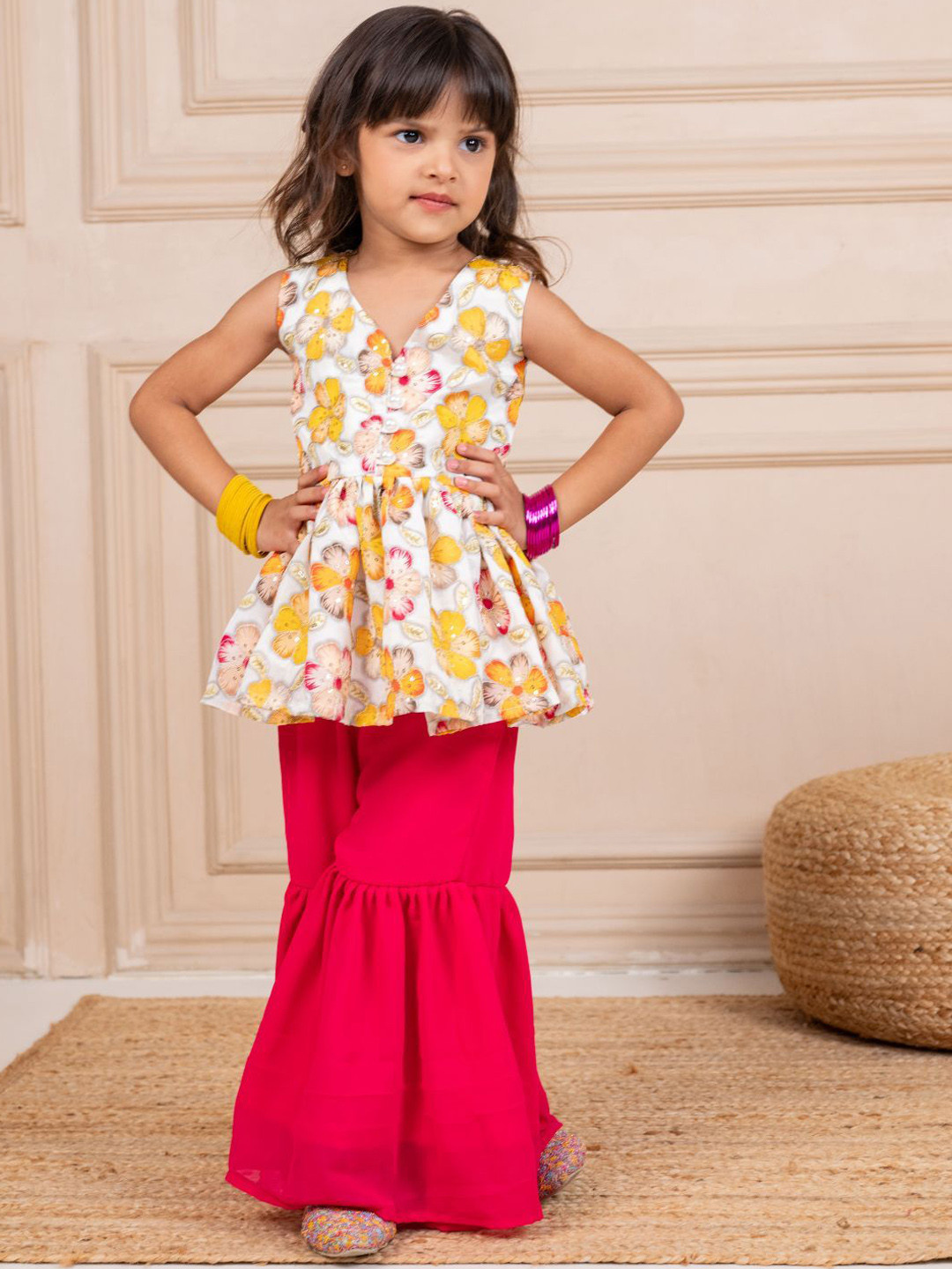 Jilmil Girls Floral Printed V-Neck Empire Chinon Kurti With Sharara