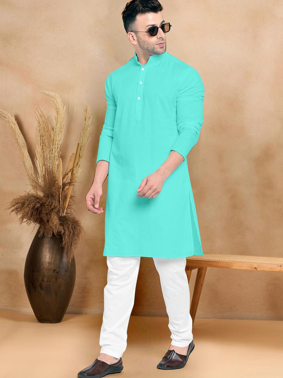 VS MALL Sea Green Cotton Blend Kurta Sets