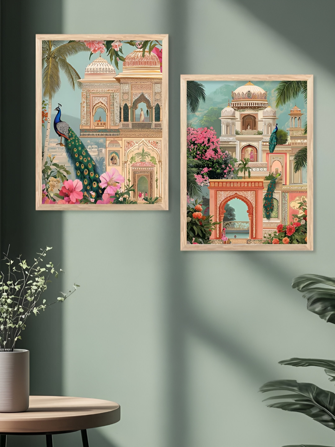 Kotart Brown & Green 2 Pieces Peacocks & Floral Wooden Printed Wall Arts