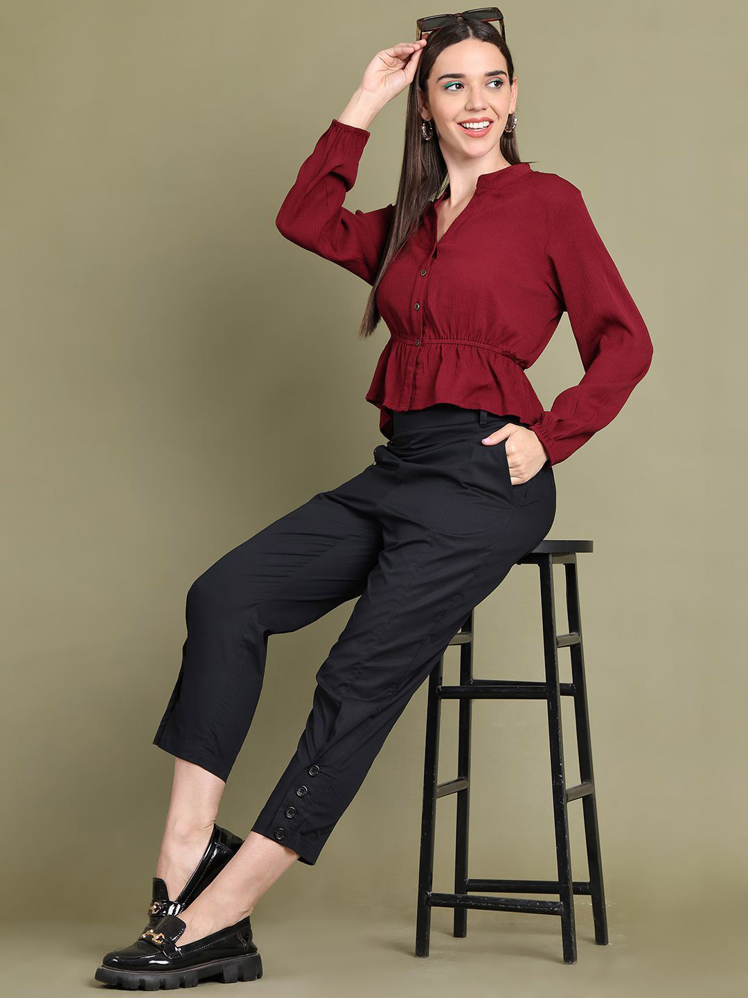 Baawri Women Mandarin Collar Puff Sleeves Pepum Top