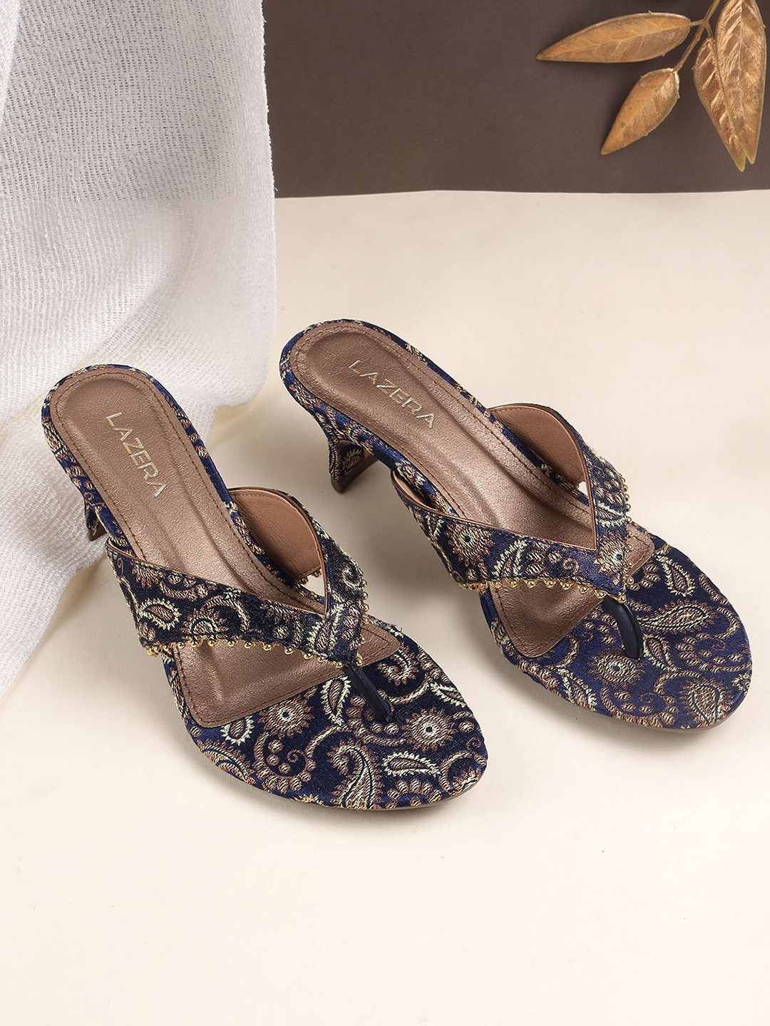 Lazera Women Beaded Trim Brocade Kitten Heel Sandals