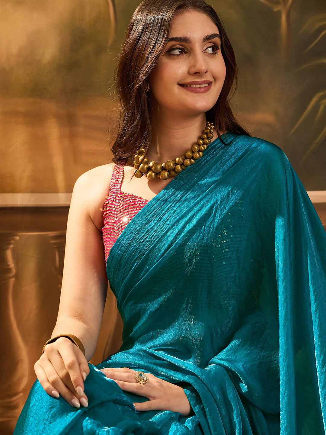 Sangria Glass Chiffon Shinny Saree with Fully Worked Blouse