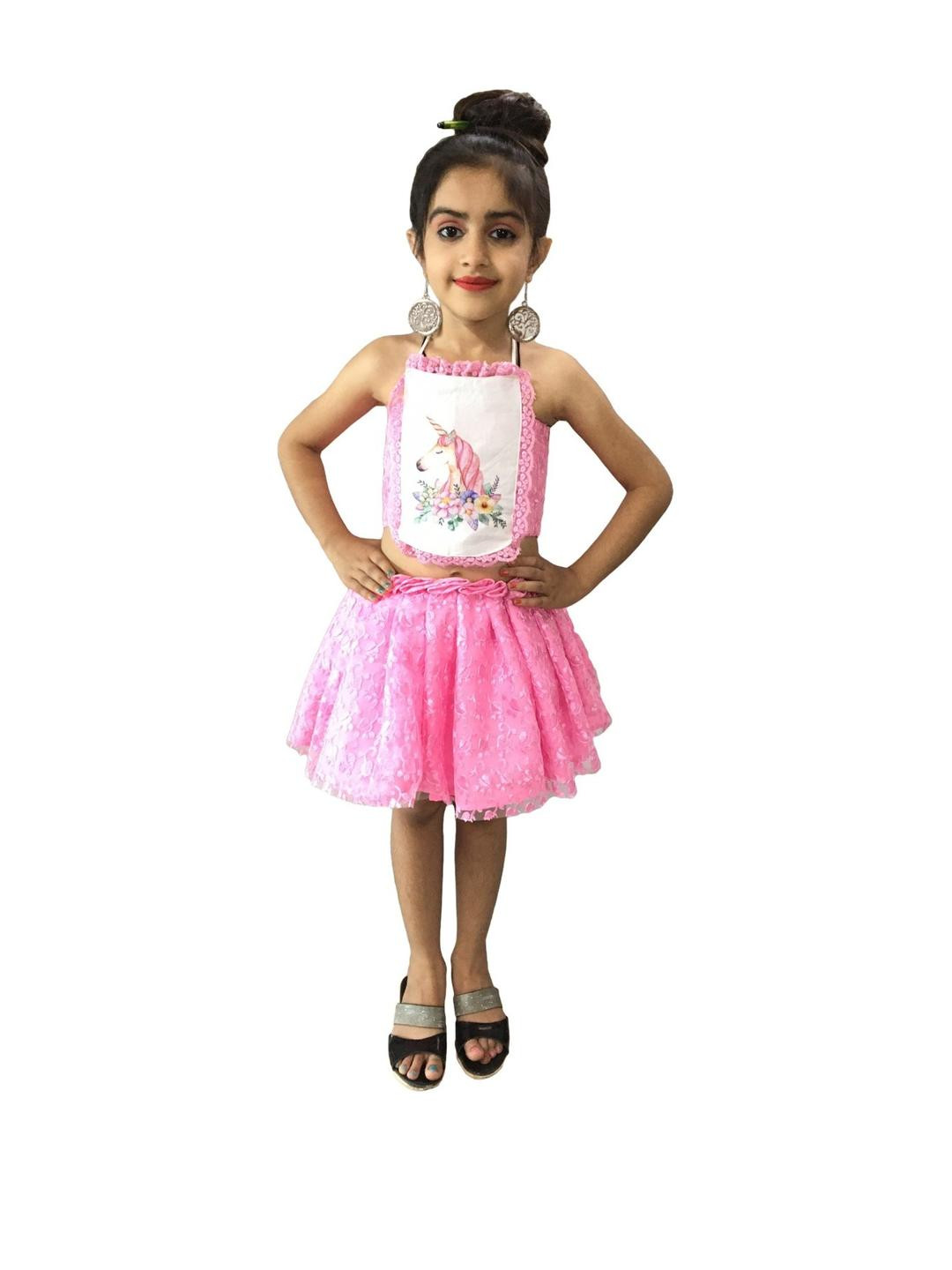 AGLARE Girls Pink Unicorn Printed Net Skirt and Top Set