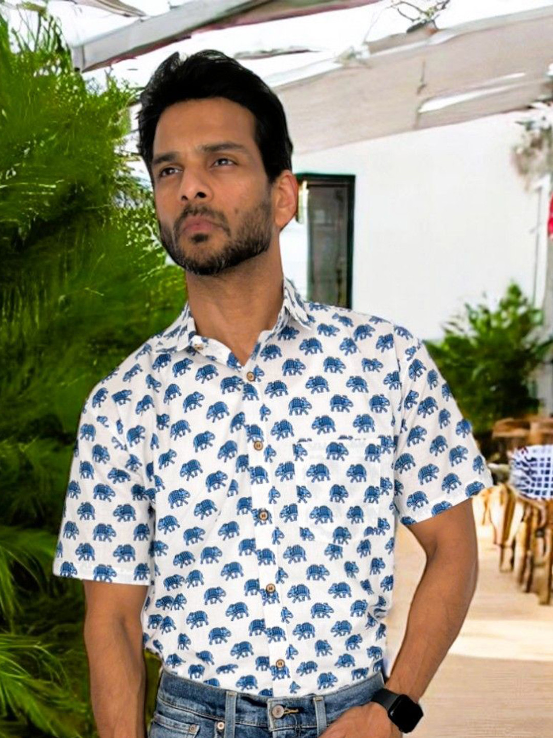 PRETANSHAH Animal Motifs Hand block Printed Short Sleeves Cotton Shirt