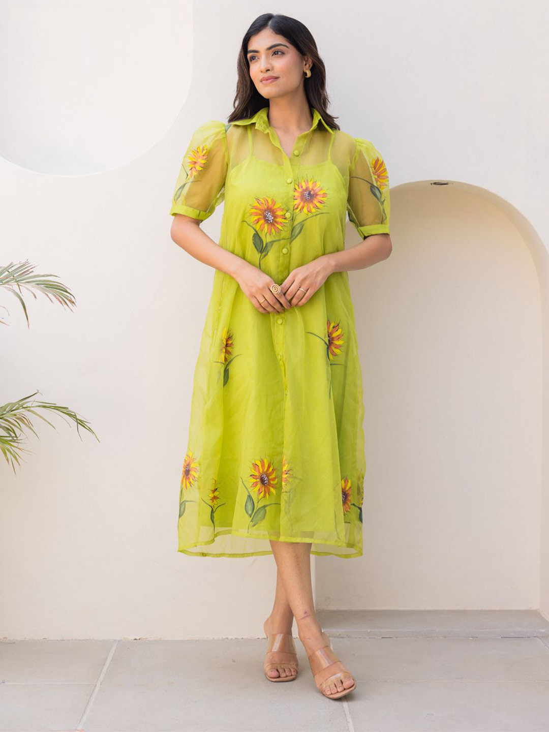 Ambraee Women Lime Organza Shirt Dress