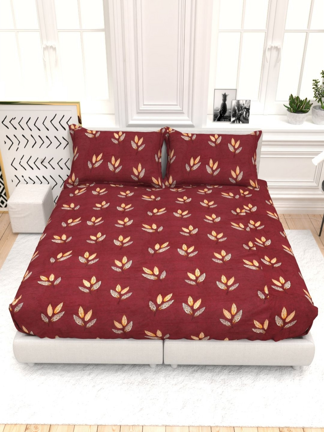 THE WHITE MOSS Red & Yellow Printed Cotton 250 TC King Bedsheet Set-2.75 m x 2.75 m