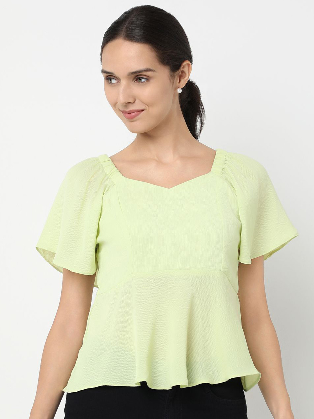 NOT SO PINK Women Sweetheart Neck Flared Sleeve Chiffon Peplum Crop Top