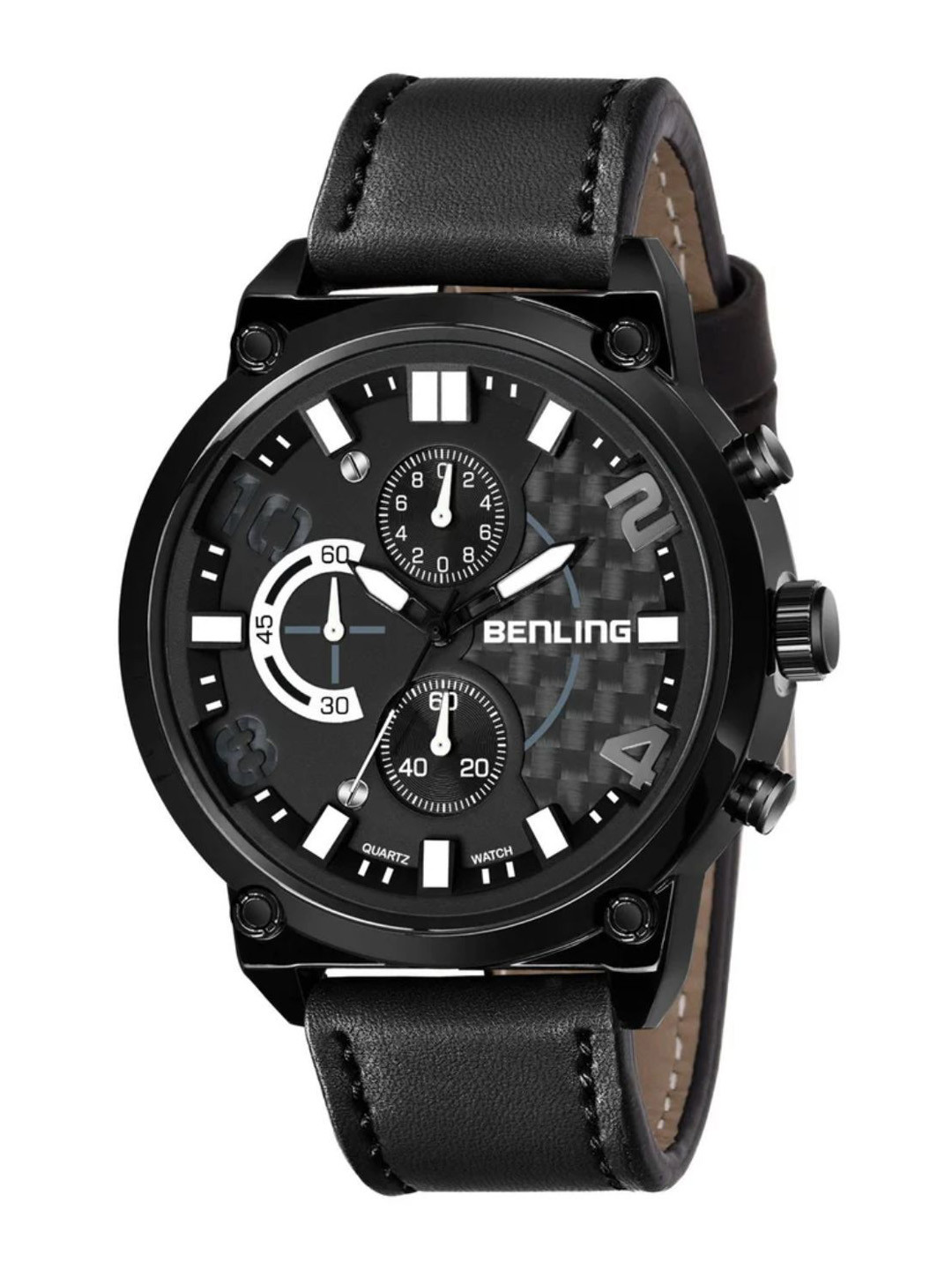 BENLING Men Leather Straps Analogue Watch BL-1009-BLK-WYT-MESH