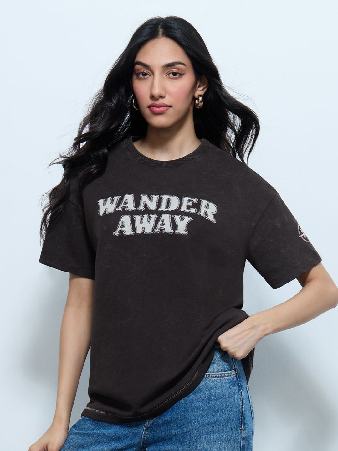 The Souled Store Oversized Wander Away Typography Embroidered Pure Cotton T-Shirt