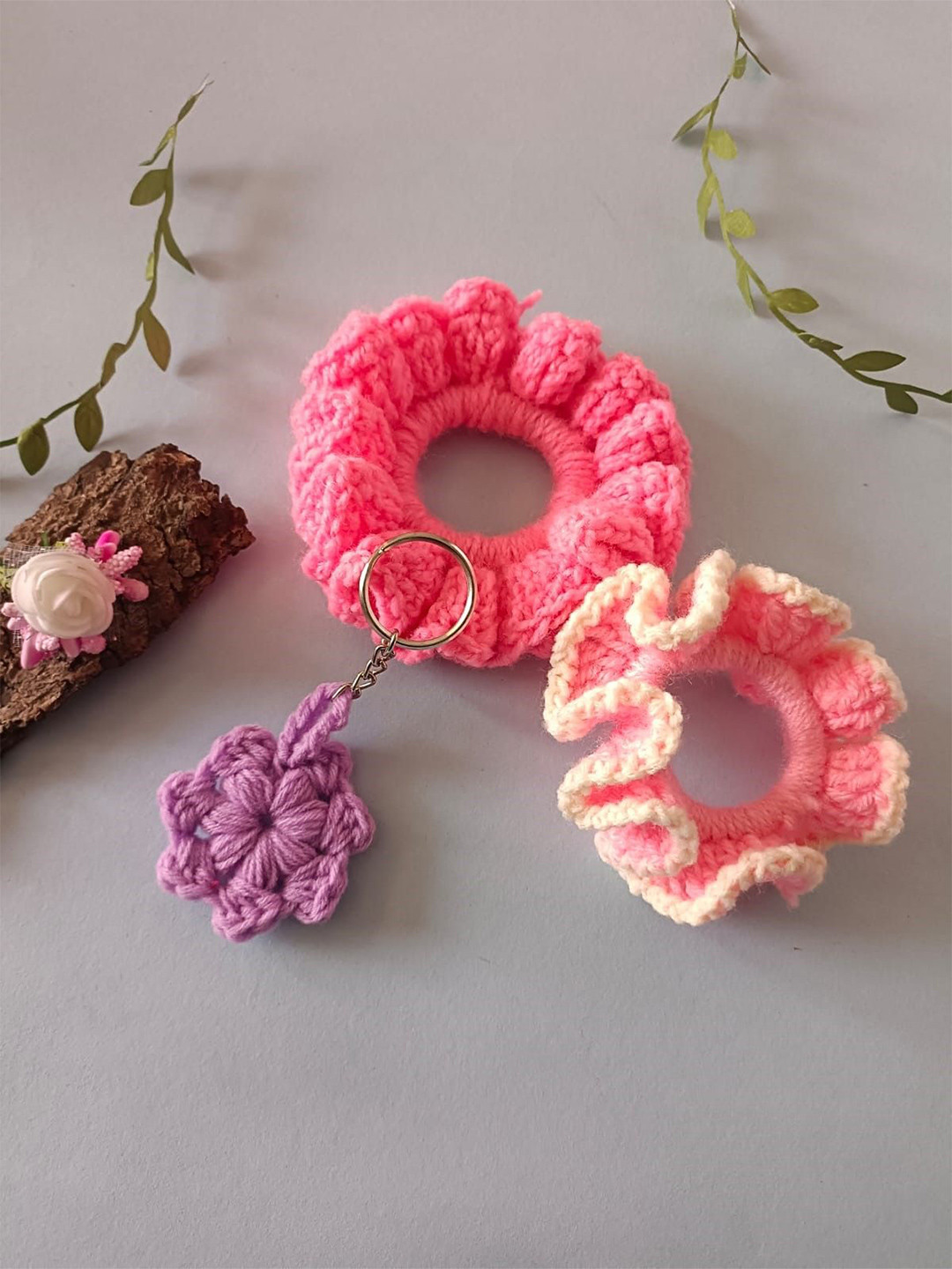 Sanjog Set of 3 Crochet Handmade Scrunchies Ponytail Holders & Keychain