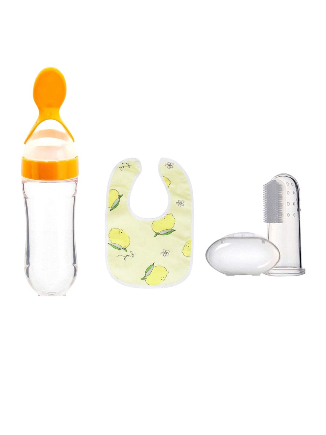 Kritiu Kids Food-Grade Silicone Food Feeder & Bib & Figure Brush - Orange Colored