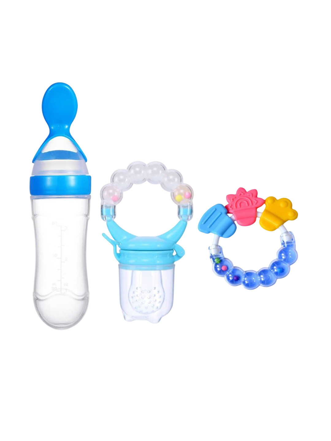 Kritiu Set Of 3 Squeezy Food- Spoon Rattle Teether- Rattle Fruit & Food Nibbler - Blue