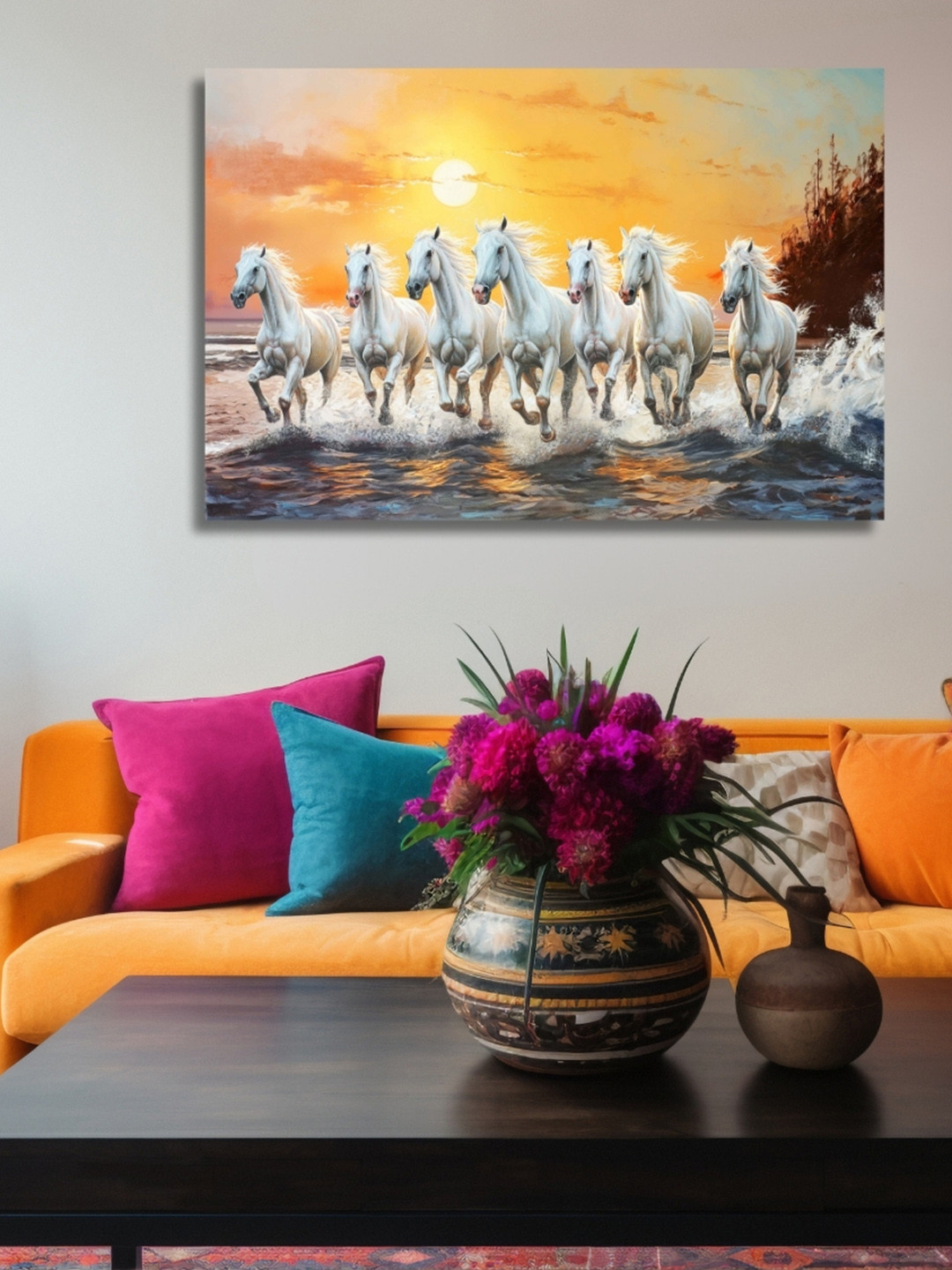 Viventiq White & Orange 7 Horse Canvas Painting For Home Without Frame Wall Art