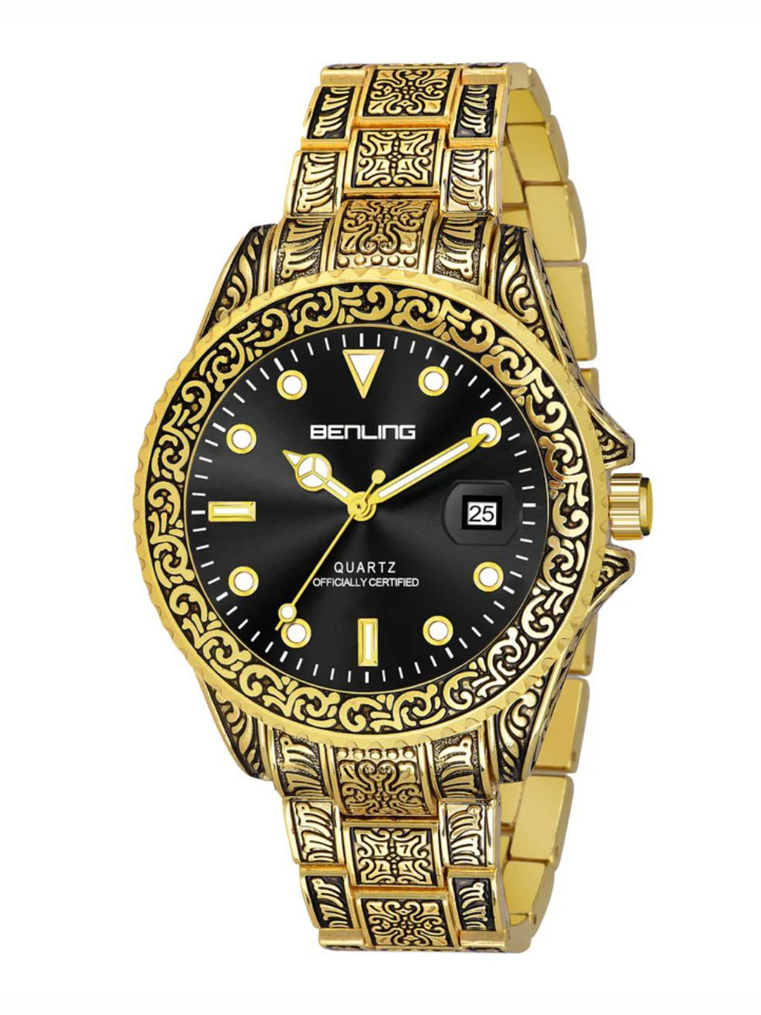 BENLING Men Dial & Stainless Steel Wrap Around Straps Analogue Watch BL-1019-ANTQ-BLK-GLD