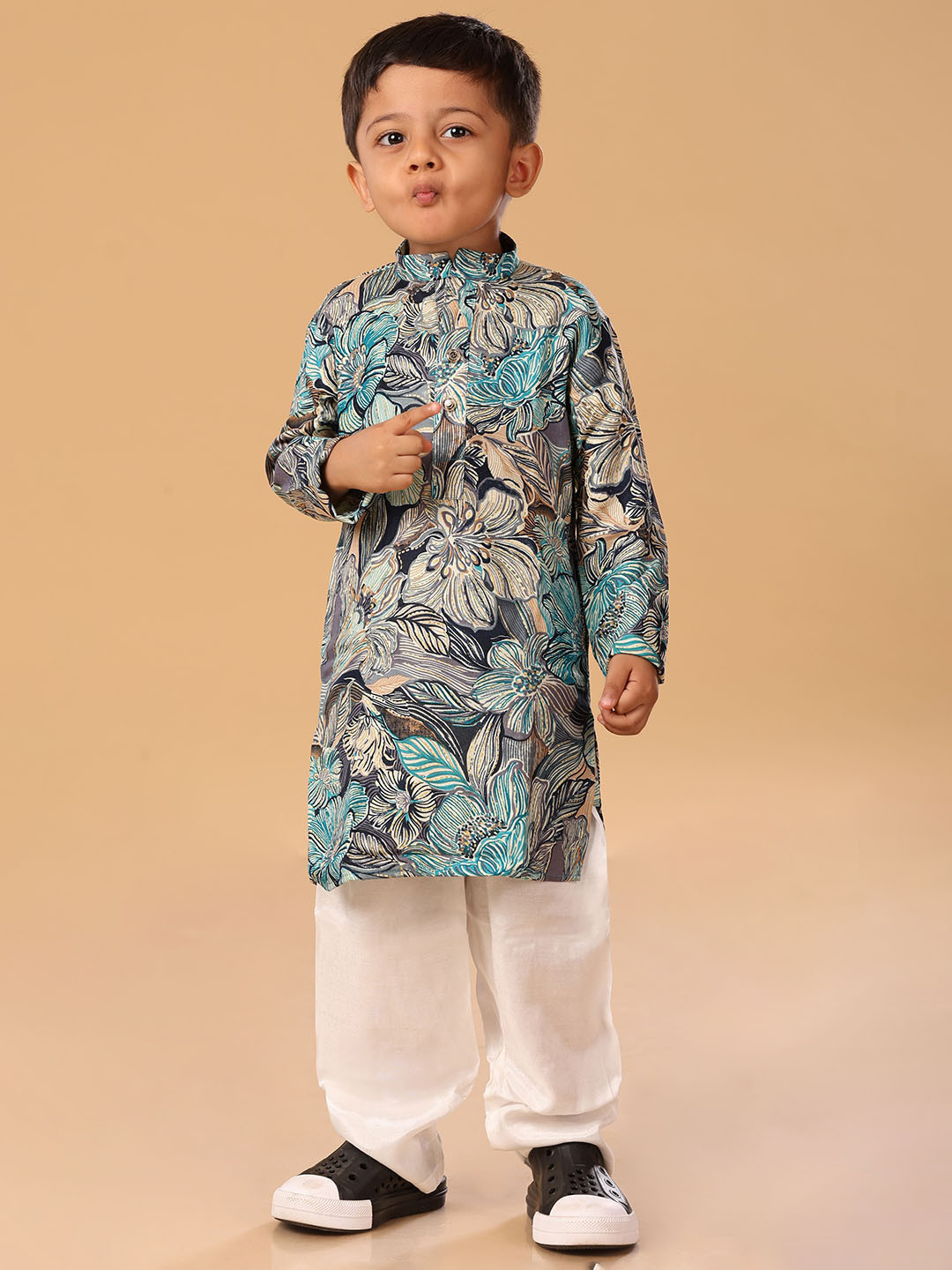 The Mini Trunk Blue Floral Foil Kurta Set