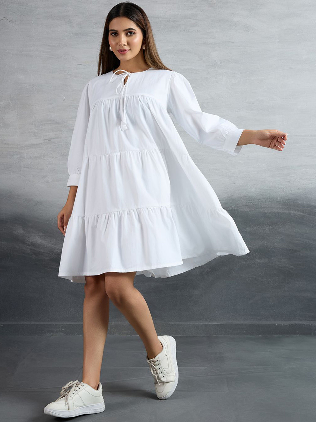 P D Silk Mills Women Tie Up Neck Tiered A-Line Dress