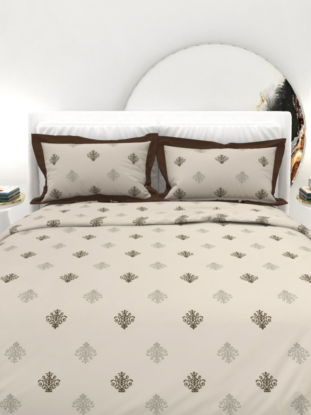 THE WHITE MOSS Tan And Brown Printed Cotton 300 TC King Bedsheet Set-2.75 m x 2.75 m